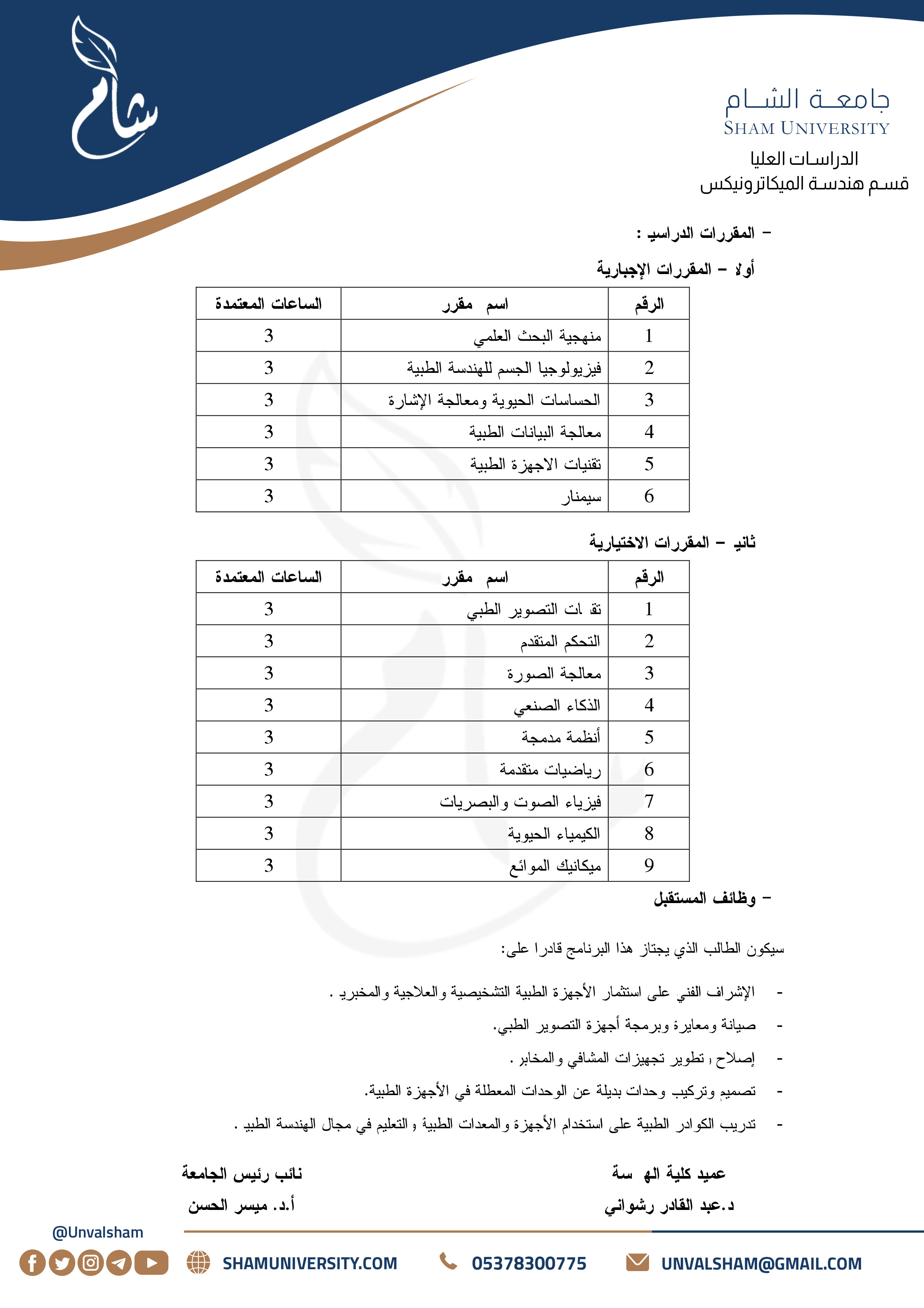3- الدراسات العليا - قسم هندسة الميكاترونيكس - هندسة الأجهزة الطبية